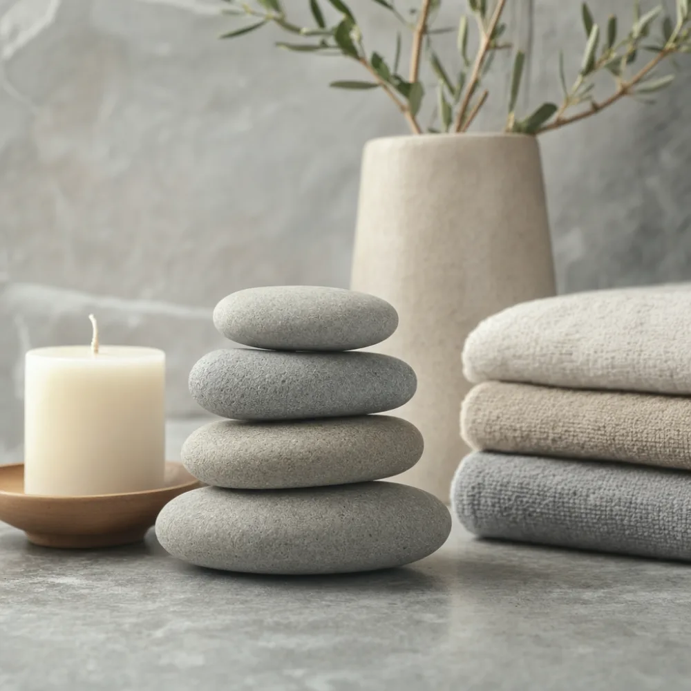 Stacked river stones beside a candle and folded towels in fog-grey light