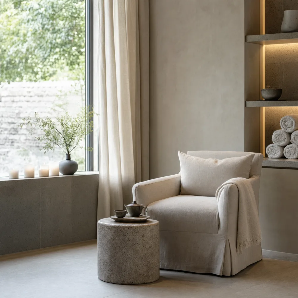 Quiet lounge corner with a linen armchair in soft window light