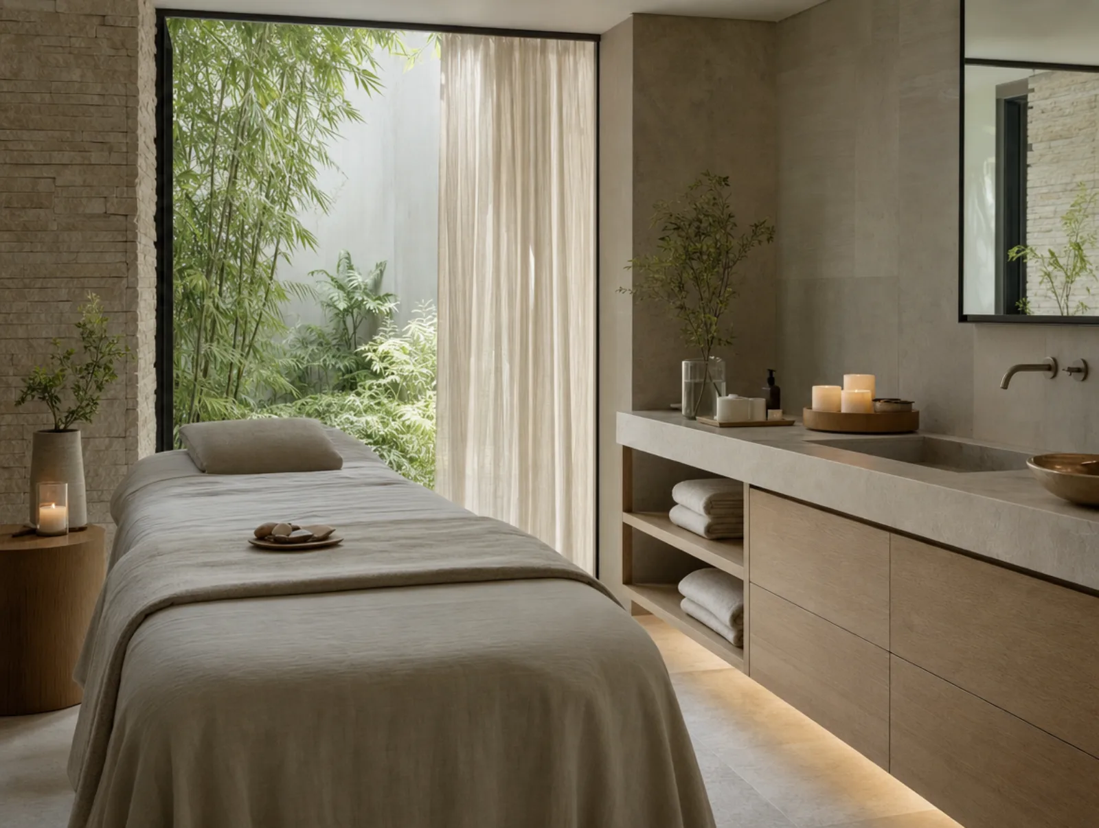 A full treatment room in daylight, linen-dressed table facing a green courtyard window
