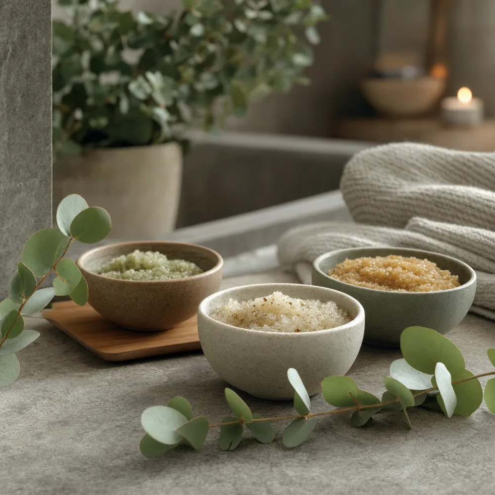 Three small bowls of sea-salt scrub with fresh eucalyptus sprigs