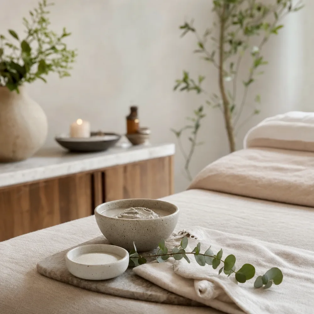 Facial setup with stone bowls, soft cloths, and a sprig of eucalyptus