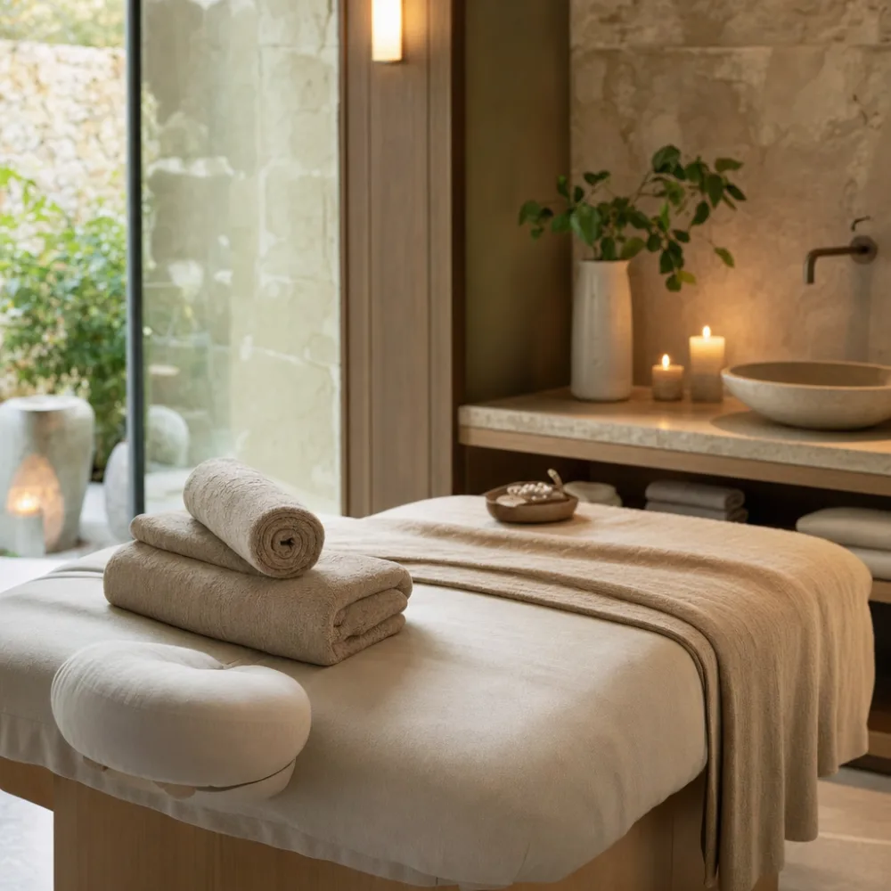 Massage table dressed in linen with warm rolled towels, soft window light